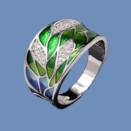 Band Rings Elegant Bohemian Style 925 Silver Green Leaf Enamel Ladies Ring Zircon Inlaid Wedding Ring Fashion Jewellery Flower Ring for Women G230213