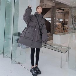 Women's Trench Coats Gray Hooded Down Padded Outerwear Women's Winter Loose Thick Warm Bread Coat Drawstring Korean Multi Pocket Jacket