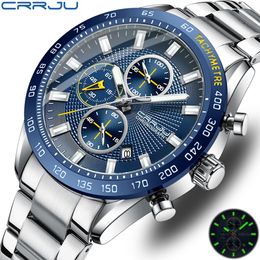 Wristwatches CRRJU Men Watch Fashion Sports Chronograph Wristwatches Stainless Steel Strap with Auto Date 230215