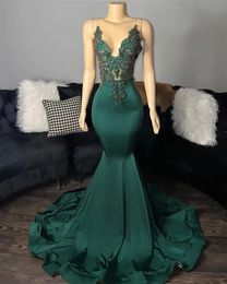 Dark Green Vintage Satin Mermaid Prom Dresses for Black Girls Sexy Backless Formal Evening Party Gown 322 Mal