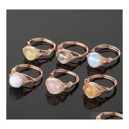 Cluster Rings Round Natural Stone Wire Wrap Women Healing Purple Druzy Crystal Goldcolor Resizable Fashion Finger Ring Drop Delivery Dh5Ya