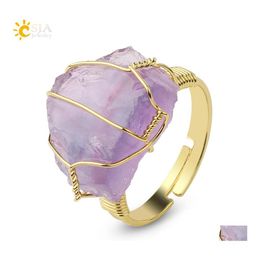 Solitaire Ring Natural Crystal Stone Rings Irregar Wire Wrap Women Men Healing Amethysts Fluorite Pink Quartz Goldcolor Resizable Dr Dhlel