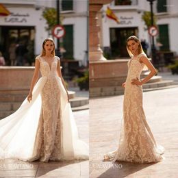 Wedding Dress 2023 Mermaid Dresses With Detachable Train Sexy Sheer V Neck Bridal Gowns Sweep Beach Capped Sleeve