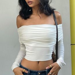 Women's T-Shirt Chic Women Sexy Off Shoulder T-shirt Spring Long Sleeve Slim Fit Crop Top Y2K Vintage Harajuku White Tees Elegant Female Clothes 230215