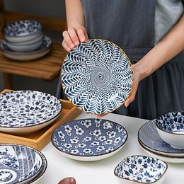 Plates Japanese Retro Dinner Plate Ceramic Printing Round Tableware With Various Patterns Home Restaurant Heating