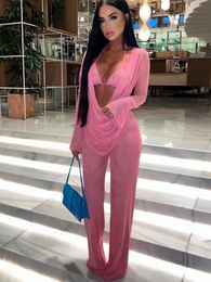 Women's Two Piece Pants 3 Set Backless Cover Ups Tops And Pant Suits With Bra Summer Fashion Solid Mesh See Through Sexy Beach Outfits 230215