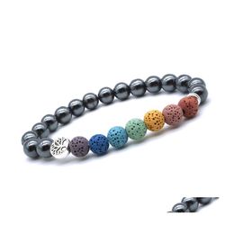 Charm Bracelets Tree Of Life 8Mm Seven Chakras Bracelet Lava Stone Hematite Ball Beaded Essential Oil Diffuser Yoga Men Women Jewelr Dhvqr