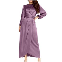 Women's T Shirts Temperament Maxi Dress Vestido Solid Colour O-Neck Satin Soft Waist And Ankle Arab Muslim Puff Long Sleeve Ma T-Shirt