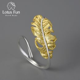 With Side Stones Lotus Fun 18K Gold Adjustable Luxury Vintage Long Goose Feather Rings for Women Real 925 Sterling Silver Dating Fine Jewellery 230214