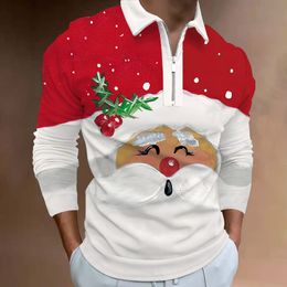 Men's Polos Men's Polos Men Polo Shirt Christmas Party Style Tops Cartoon Deer Print Shirt Long Sleeve With Zipper Casual Polo Shirt Party Gown 230215