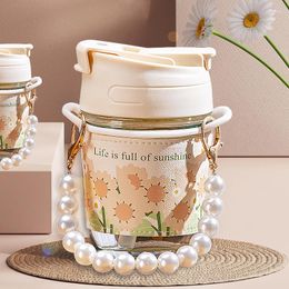 Mugs Transparent Glass Coffee Mug With Tulips Cup Cover And Pearl Chain Tea Milk Water Straw Office Teacup