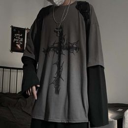 Women's TShirt QWEEK Gothic Style Tshirt Mall Tops Punk Long Sleeve Oversized Fake Twopiece Street Fashion Korean 230214