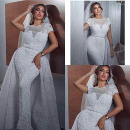 Wedding Dress 2023 Lace Mermaid Dresses With Detachable Train Sheer O Neck Capped Short Sleeve Bridal Gowns Plus Size