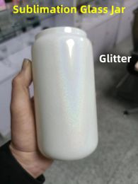 NEW 16oz Sublimation Glitter Glass Jar Beer Mugs Can Shaped Glass Cups Beer Can Glass Tumbler Drinking Glasses With Bamboo Lid And Reusable Straw