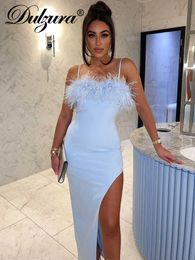 Casual Dresses Dulzura Summer Feather Sexy Y2K Clothes Sleeveless Backless Side Slit Bodycon Midi Dresses For Women 2022 Club Party Elegant T230210