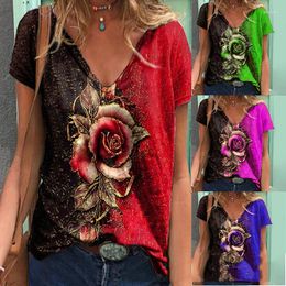 Women's T Shirts 3D Rose Flower Print Women Shirt 2023 Summer Casual Short Sleeve V-Neck Loose Tops Ladies Clothes