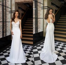 Wedding Dress Simply Satin Mermaid Dresses 2023 V Neck Lace Appliques Bridal Gowns Backless Sweep Train Vestidos De Novi