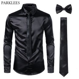 Men's Casual Shirts Black Mens Silk Dress Shirts 3PcsShirt TieBowtie Smooth Satin Shirt Men Slim Fit Party Prom Casual Shirts Men Social Camisa 230215