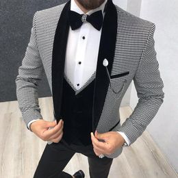 Men's Suits Houndstooth Men Suit Slim Fit For Dinner Prom 3 Piece Groom Wedding Tuxedo Male Fashion Costume Jacket With Pants Vest