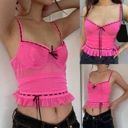 Women's Tanks Pink Pleated Tie Up Floral Lace Crop Top Tank Frill Sweet Camisole Women Party