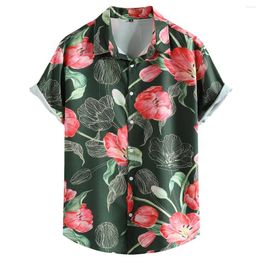 Men's Casual Shirts Vintage Green Floral Print Hawaiian Shirt Men 2023 Brand Button Down Short Sleeve Tropical Beach Party Clothes