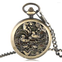 Pocket Watches Vintage Hollow Mandarin Duck Design Unisex Automatic Self-Wind Mechanical Fob Transparent Retro Bronze Clock With Chain