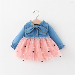 Girl Dresses 2023 Cute Baby Girls Dress Long Sleeve Autumn Spring Born Clothes Bow Bot Mesh Design Infant Clothing