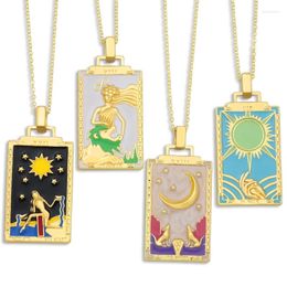 Chains 5Pcs Vintage Geometric Oil Drop Style Big Pendant Necklace Trendy Enamel Gold Plated Symbolic Necklaces Sun Moon Mermaid