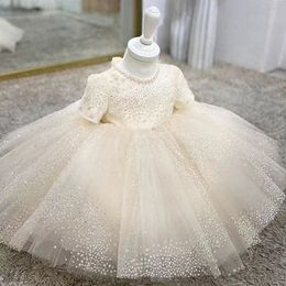 Arabic Floral Lace Flower Girl Dresses Ball Gowns Child Pageant Dresses Long Train Beautiful Little Kids Flower Girl Dress beaded crystal Formal gown 2023