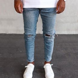 Men's Jeans Men's Knees Holes Trousers Slim Fit Casual Zipper Pants 2023 Spring Light Blue Clothing For Man