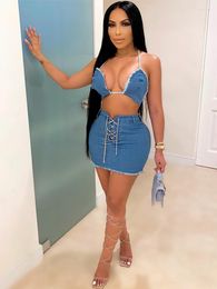 Work Dresses Sexy Blue Bandage Denim Two Piece Dress Sets Summer Mounted Neck Backless Cleavage Bra Tops And Lace Up Drawstring Bodycon