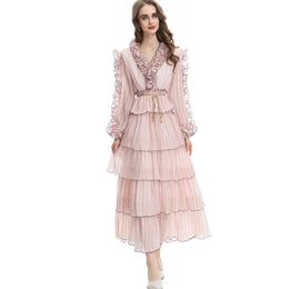 Women's Runway Dresses Sexy V Neck Long Sleeves Tiered Ruffles Piping Elegant Fashion Designer Party Prom Vestidos