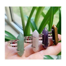 Cluster Rings Healing Natural Stone Ring Hexagonal Point Amethysts Lapis Opal Pink Crystal Finger Resizable For Women Drop Delivery J Dhxut