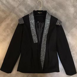 Women's Suits & Blazers 2023 Winter Black Blazer Long-sleeved Diamond Decoration Waist Woman Plus Cotton Wool Jacket