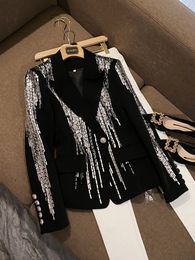 2023 Spring Black Solid Color Beaded Blazers Long Sleeve Notched-Lapel Sequins Double-Breasted Outwear Coats O3F152085