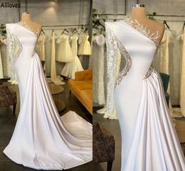 Unique One Shoulder Mermaid Wedding Dresses For Bride Sexy See Through Side Lace Trumpet Bridal Gowns Modern Satin Long Train Second Reception Dress Robes CL1841