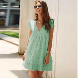 Casual Dresses BoozRey Summer Short Sleeve Lace Dress V-neck Sweet Hollow Women Party Ladies 2023 A Line Vestidos