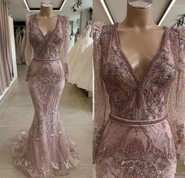 Party Dresses Luxury Dusty Pink Lace Appliqued Mermaid Prom Vintage Long Sleeves Sequin Beaded Evening Gown Formal Pageant