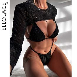 Women's Swimwear Ellolace Micro Erotic Swimsuit 2022 New Black Glitter Separate Swimwear And Crop Top Long Sleeve Harajuku Full Fantasy Bikini L230213