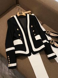 2023 Spring Black Contrast Colour Contrast Trim Blazers Long Sleeve V-Neck Panelled Double-Breasted Outwear Coats O3F151826