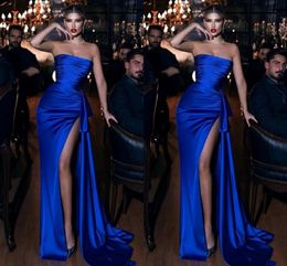 Sexy Evening Dresses Royal Blue Mermaid Strapless Pleats With High Thigh Split Ruffles Long Women Prom Formal Gowns Robe de Soiree 2023 New