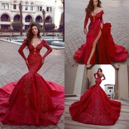 Party Dresses 2023 Luxury Red Special Occasion Plunging Neck Long Sleeve Mermaid Evening Dress Custom Made Sexy Prom Gowns