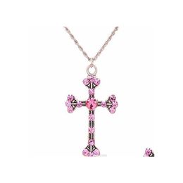 Pendant Necklaces Pendants Womens Pink Rhinestone Beautifly Sweater Chain Long Necklace Cross Design Fashion Jewelry Drop Delivery Dht9L