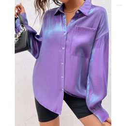 Women's Blouses Office Loose Purple Satin Shirt Women Autumn Long Sleeve Women's Blouse Fashion Turn Down Collar Shiny Tops 22904