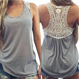 Women's Tanks Striped Tee Shirt Summer Hollow Lace T-shirts Women Polyester Patchwork Vest 2XL Casual Tops Grey Tees