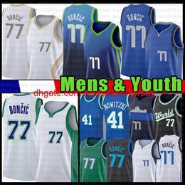 embroidery custom Men's Youth Kids Luka Doncic Youth Kid's 77 Basketball Jersey Dirk Nowitzki 2021 New 75th anniversary White Blue Jerseys 41