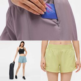 Women's Tracksuits L-091 Hot High-Rise Built-in Drawcord Short Breathable Yoga Shorts Quick-Dry Lined Sports with Hidden Zipper Side Drop-in2