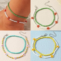 Anklets Korean Beaded Daisy Flower Charm Anklet Set Fashion Bohemian Simple Colorful Ankle Bracelet For Women Foot Jewelry On The Leg