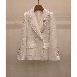 Women's Suits Blazers fashion designer women double breasted fringe tassel white tweed blazers notched collar Celebrity slim weave coats B271 230215