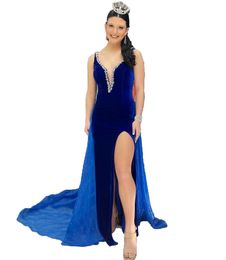 Royal Blue Velvet Prom Dress with Organza Train Crystals Plunging V-Neck Lady Preteen Teen Girl Pageant Gown Formal Party Wedding Guest Red Capet Runway High Slit